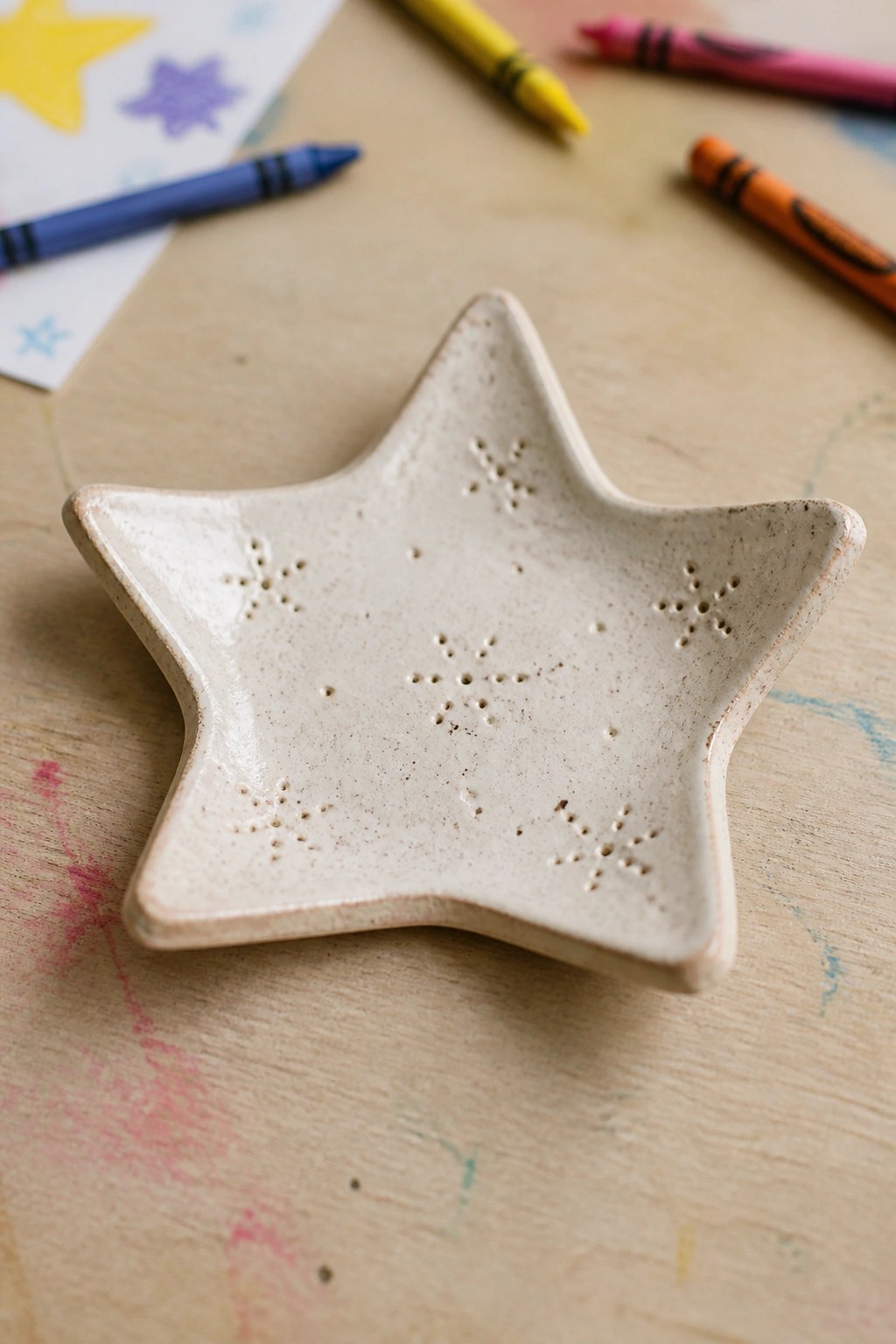 Star-shaped ceramic bowl with dotted patterns on crayon-marked wooden table with crayons