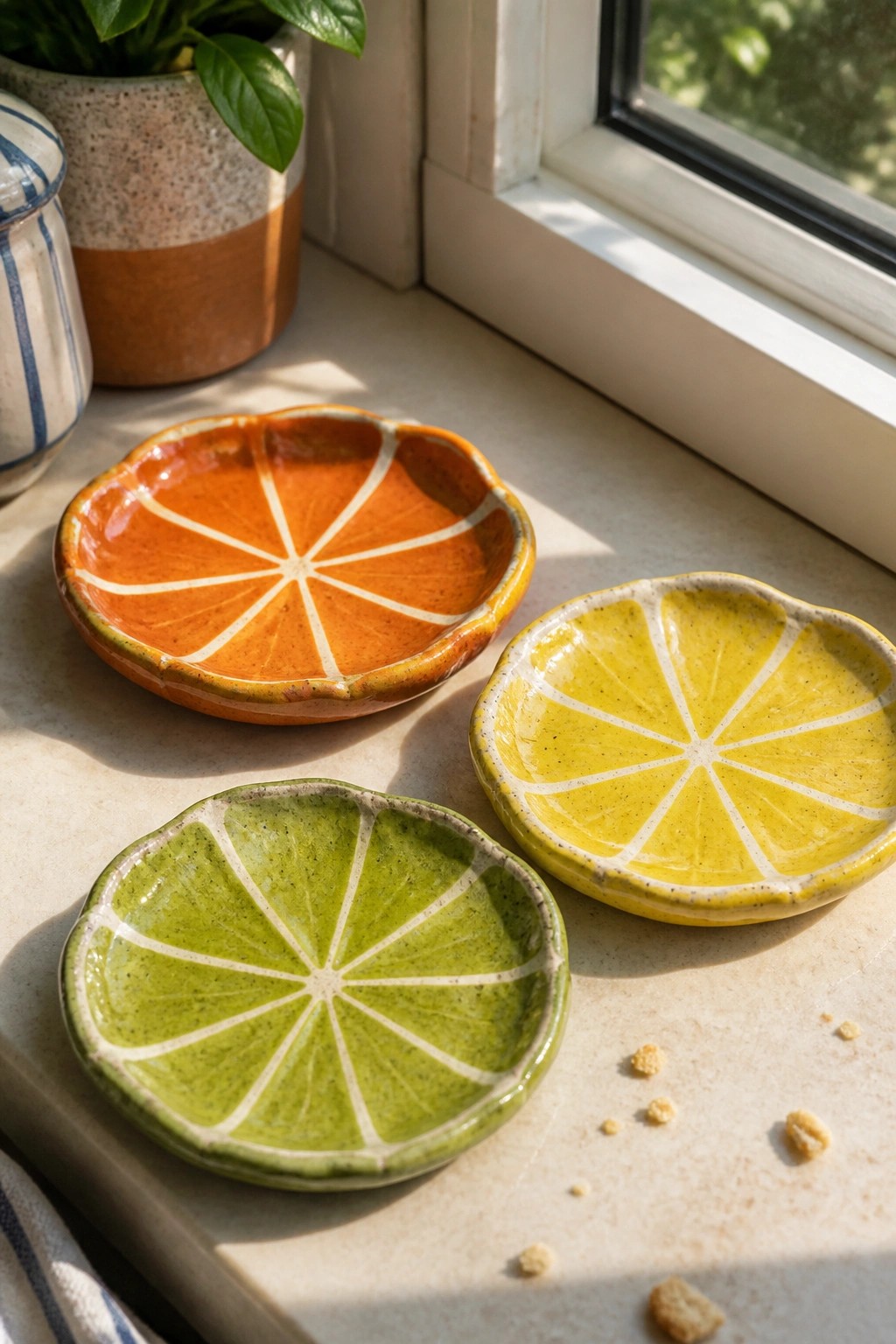 Three citrus-slice ceramic bowls on a sunny windowsill with crumbs