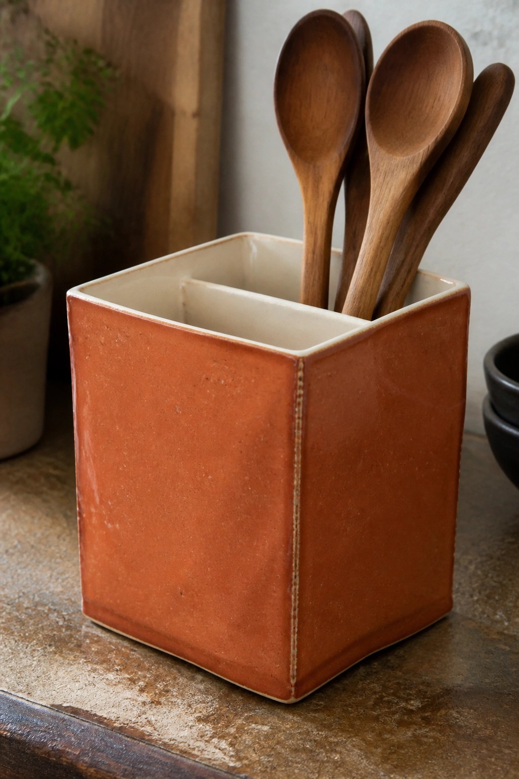 A square reddish ceramic container with a light interior holds several wooden spoons on a wooden table.