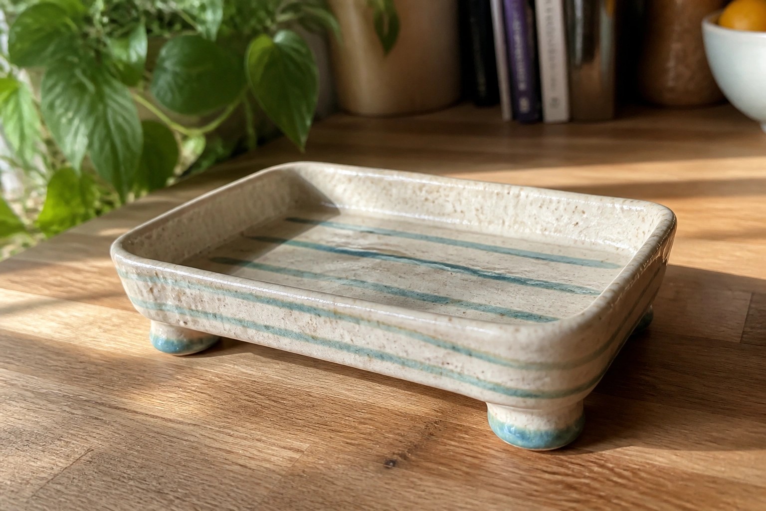 Rectangular beige ceramic tray with blue stripes on small feet atop wood