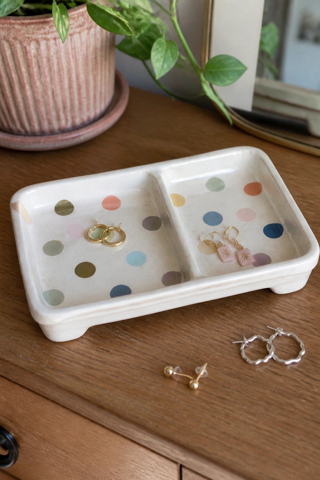 Polka dot ceramic tray holding gold hoops and pink earrings on wooden dresser