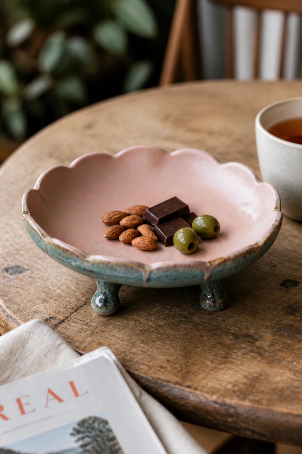 A pink and blue-green ceramic footed dish with scalloped edges holding almonds, chocolate, and olives on a wooden table.