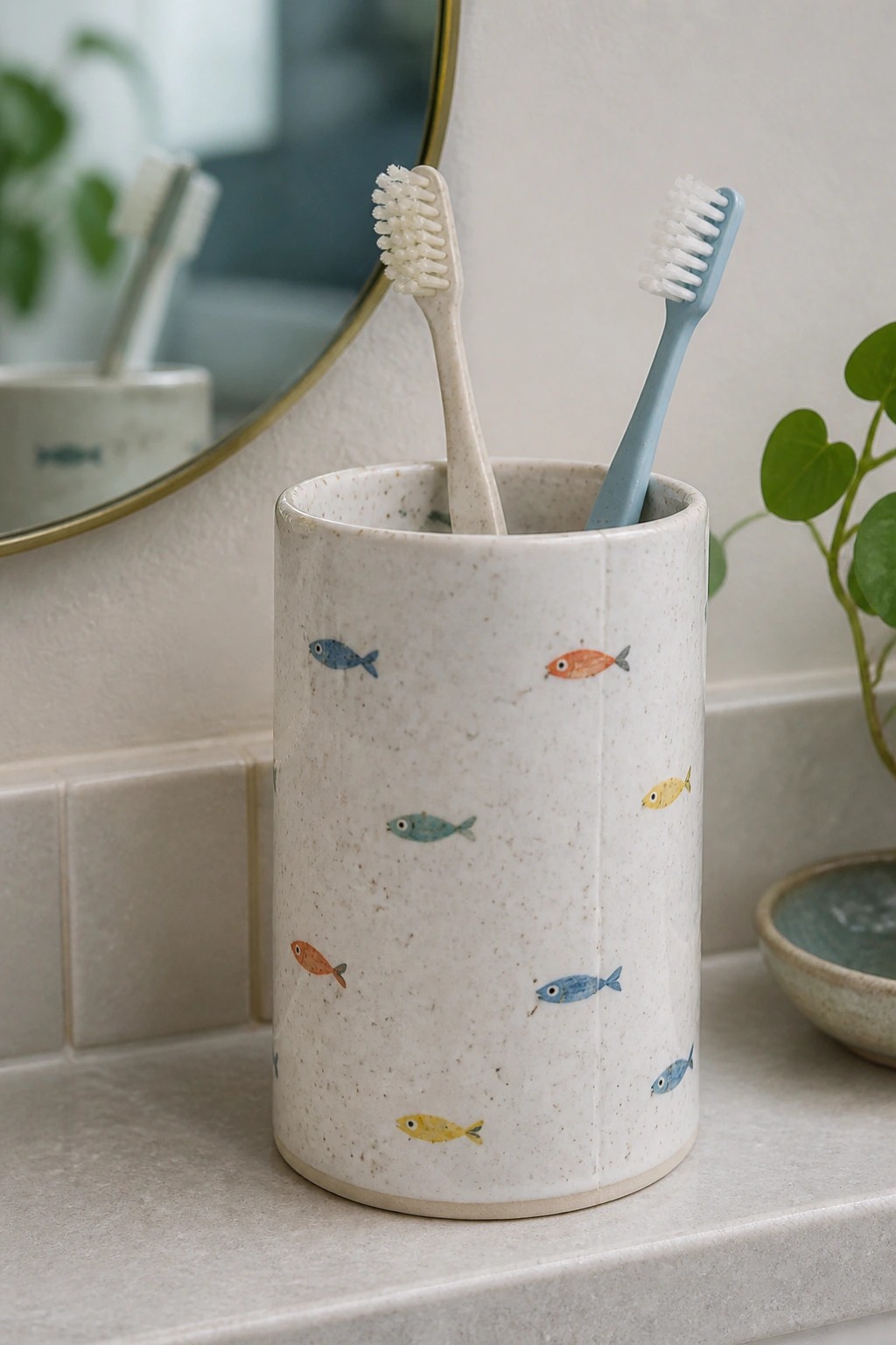 Speckled ceramic holder with colorful fish designs holding two toothbrushes on bathroom counter