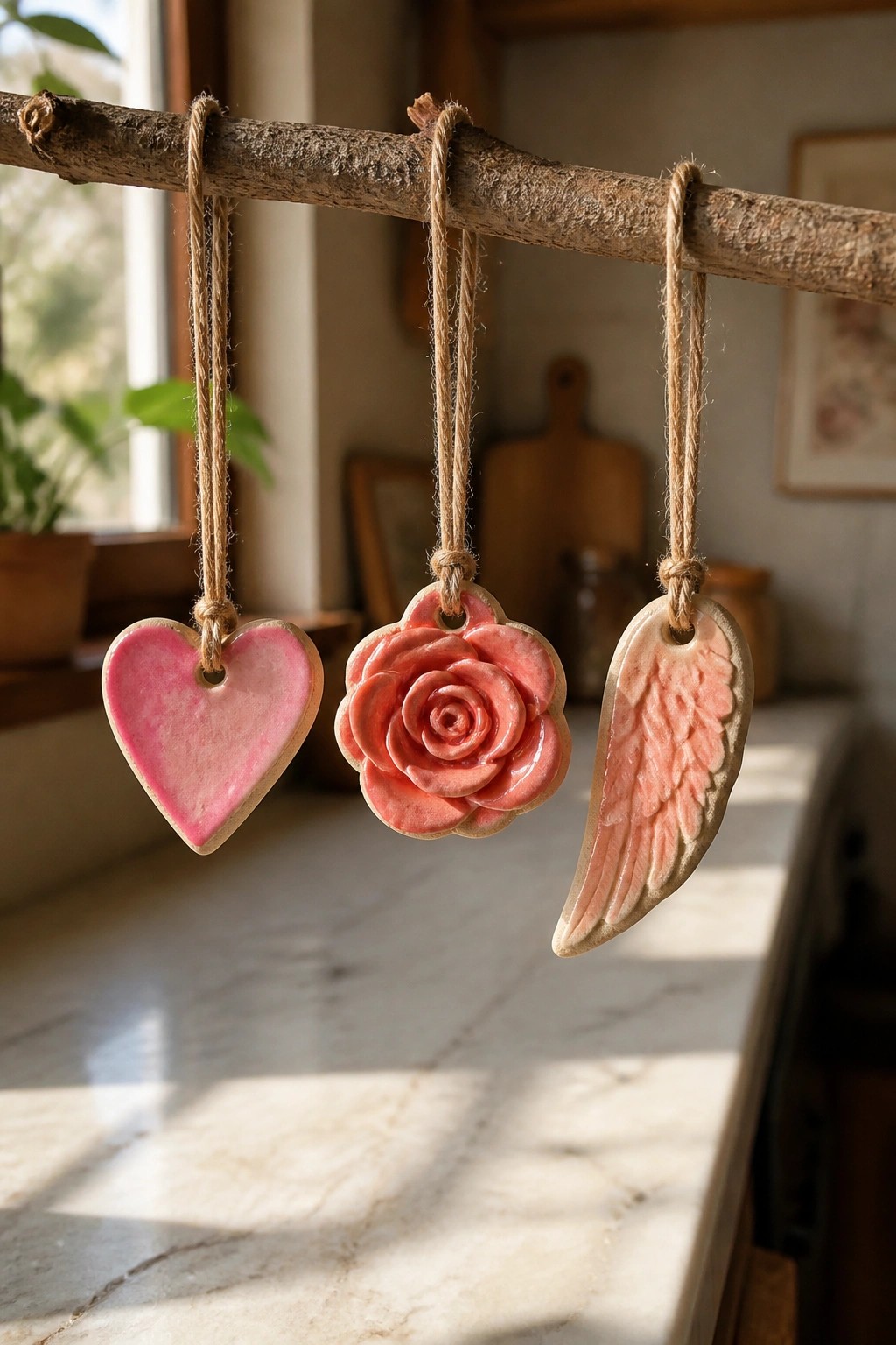 Pink heart, rose, and wing ceramic ornaments hanging from wooden branch by twine.