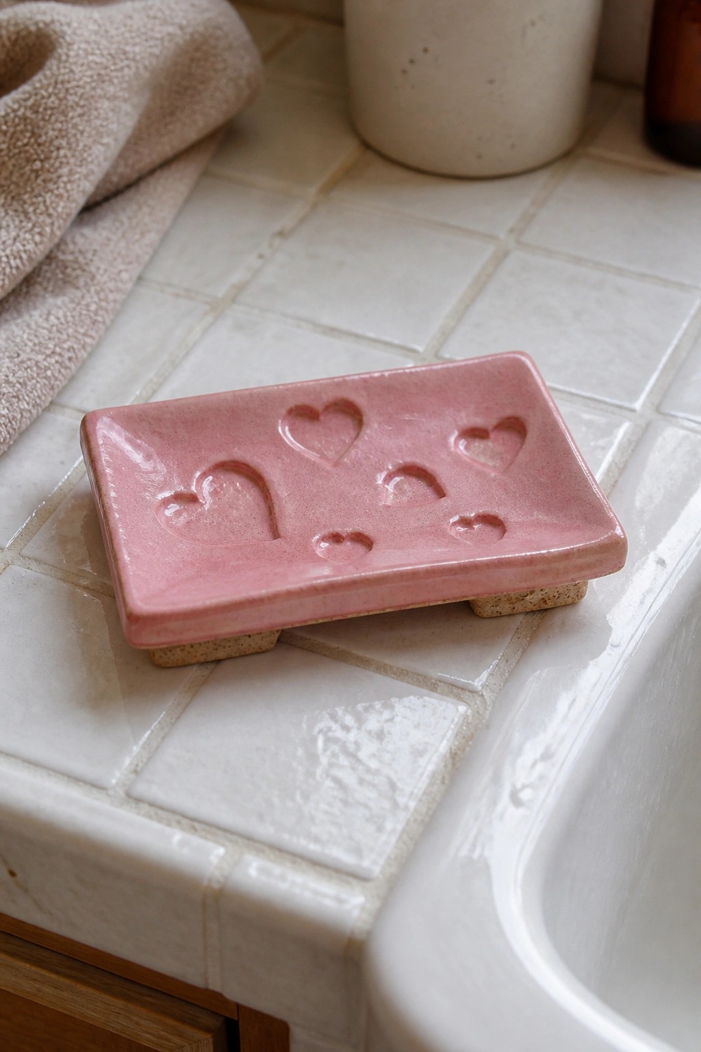 Pink ceramic soap dish with heart impressions on white tiled bathroom counter near sink