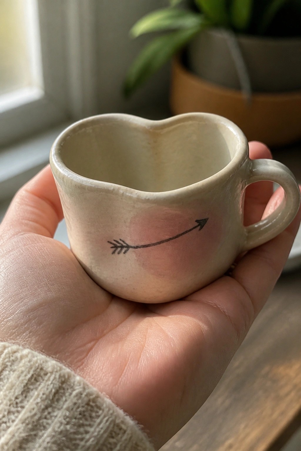 Hand in beige knit holding small heart-shaped ceramic mug with arrow design