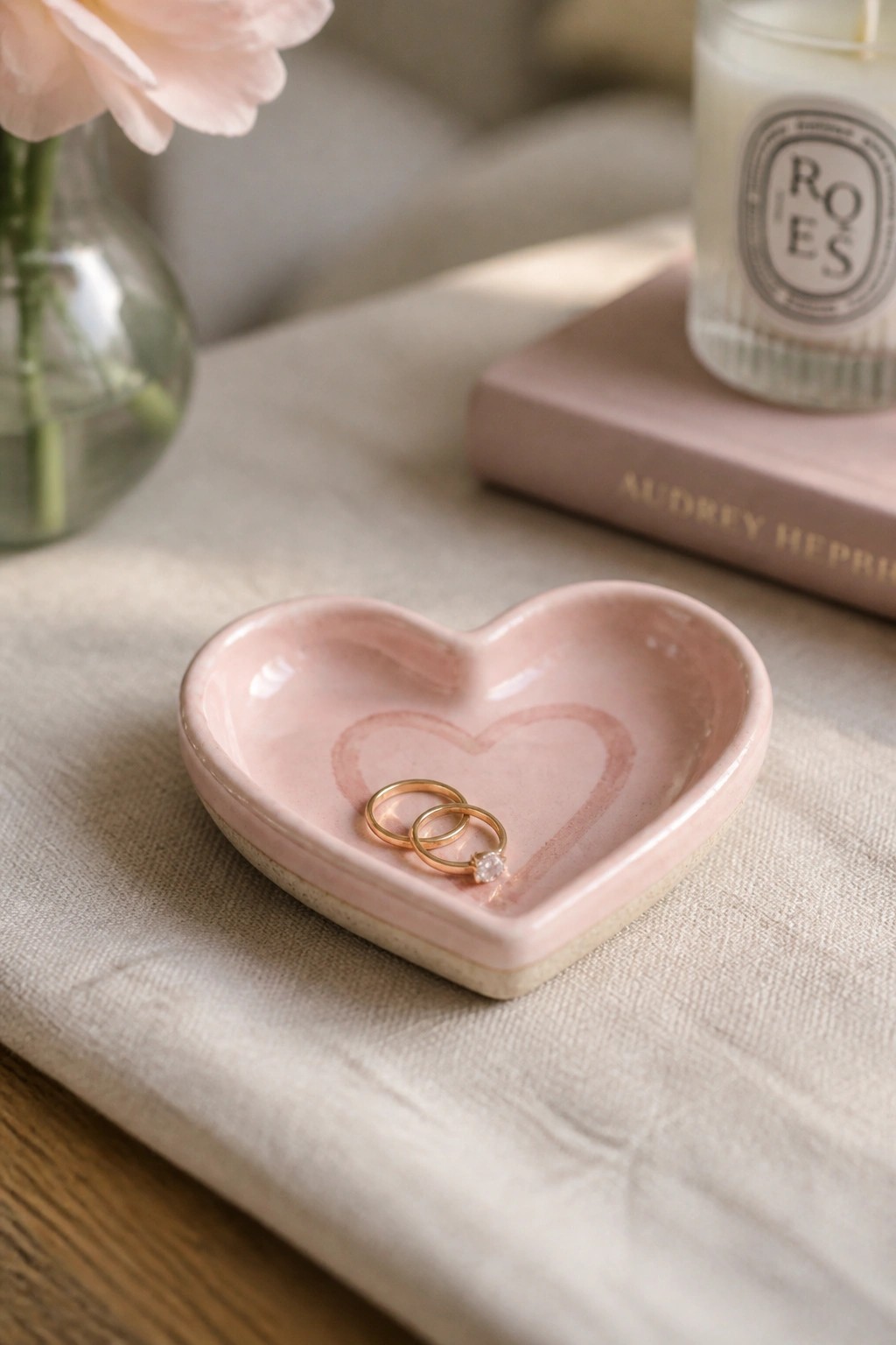 Pink heart-shaped ceramic dish holding two gold rings on beige linen fabric