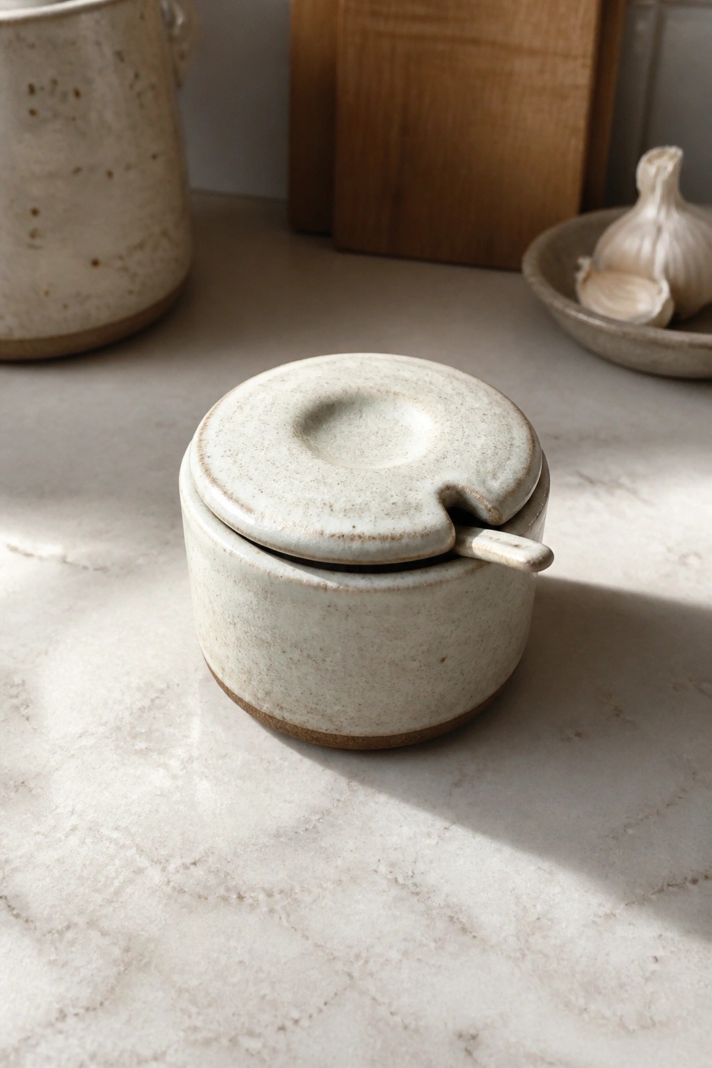 Speckled ceramic lidded pot on marble countertop with garlic nearby