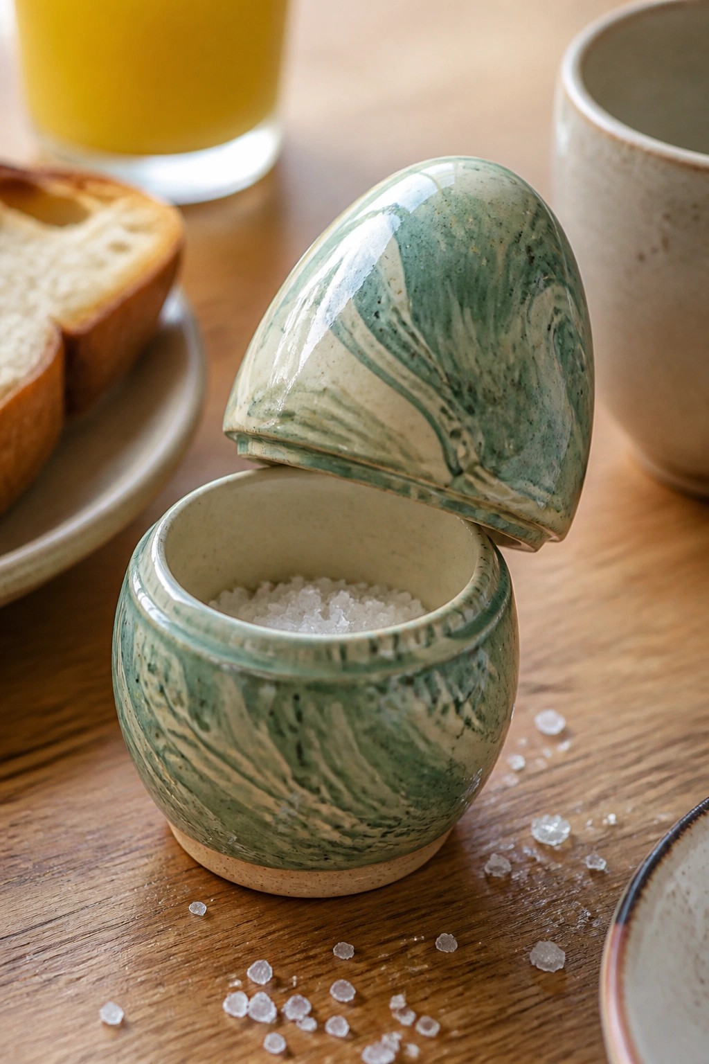 Open marbled green ceramic salt jar with spilled crystals beside bread and juice