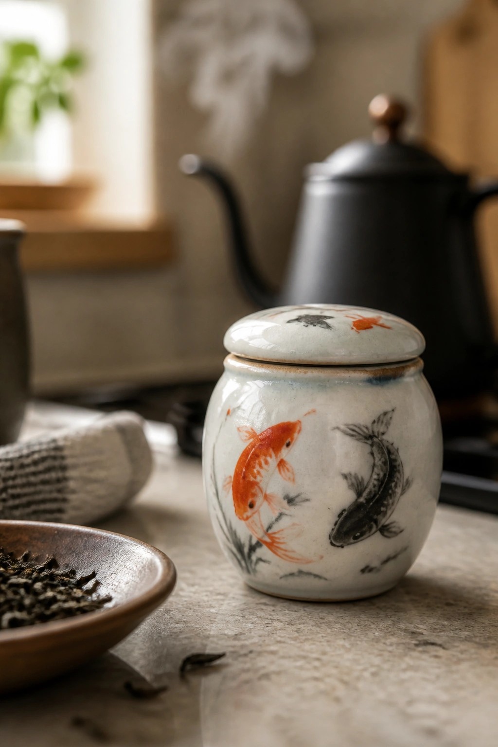 Ceramic jar with orange and black koi fish beside bowl of tea leaves