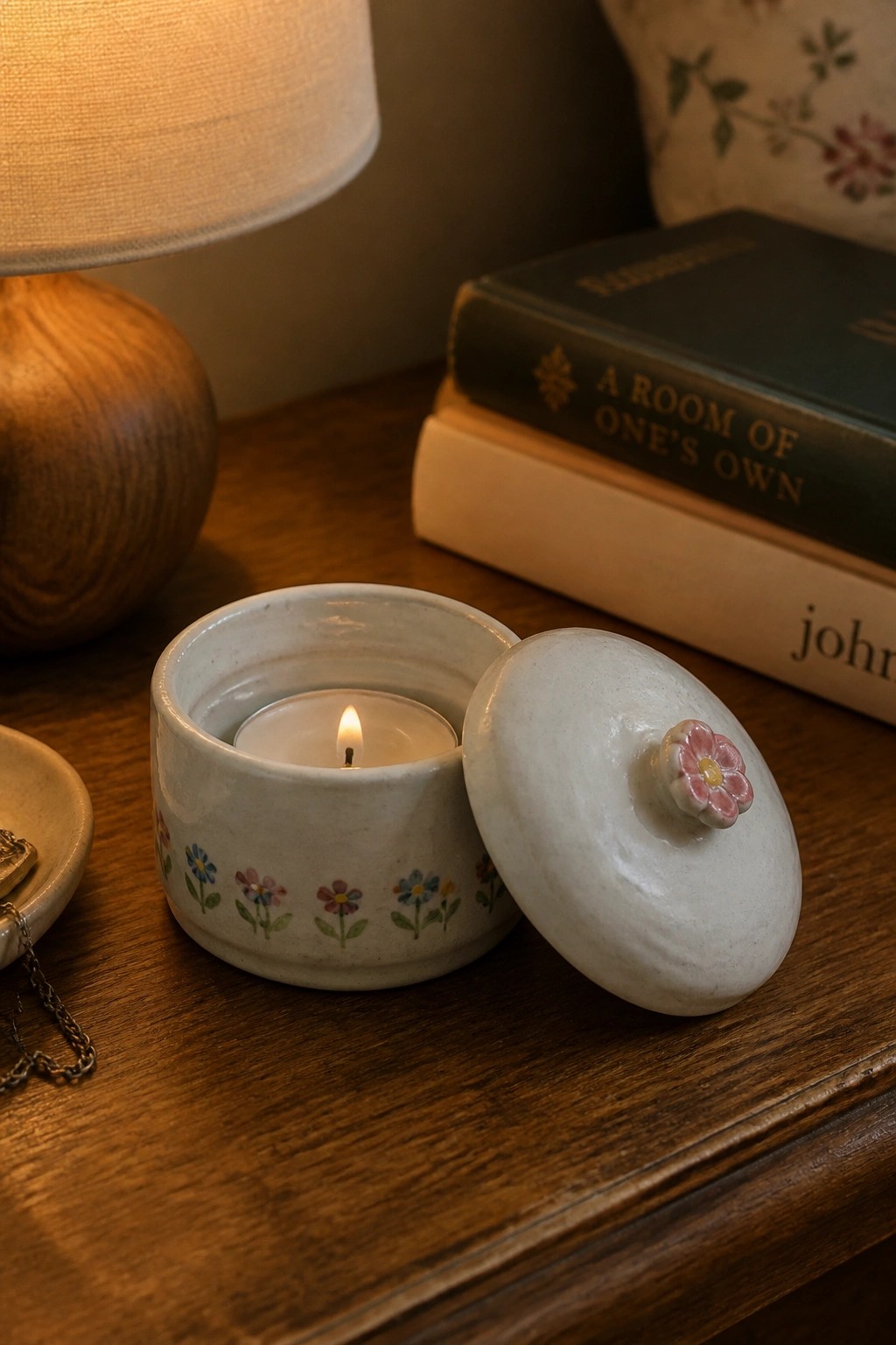 Lit candle in floral ceramic holder with lid aside on wooden table.