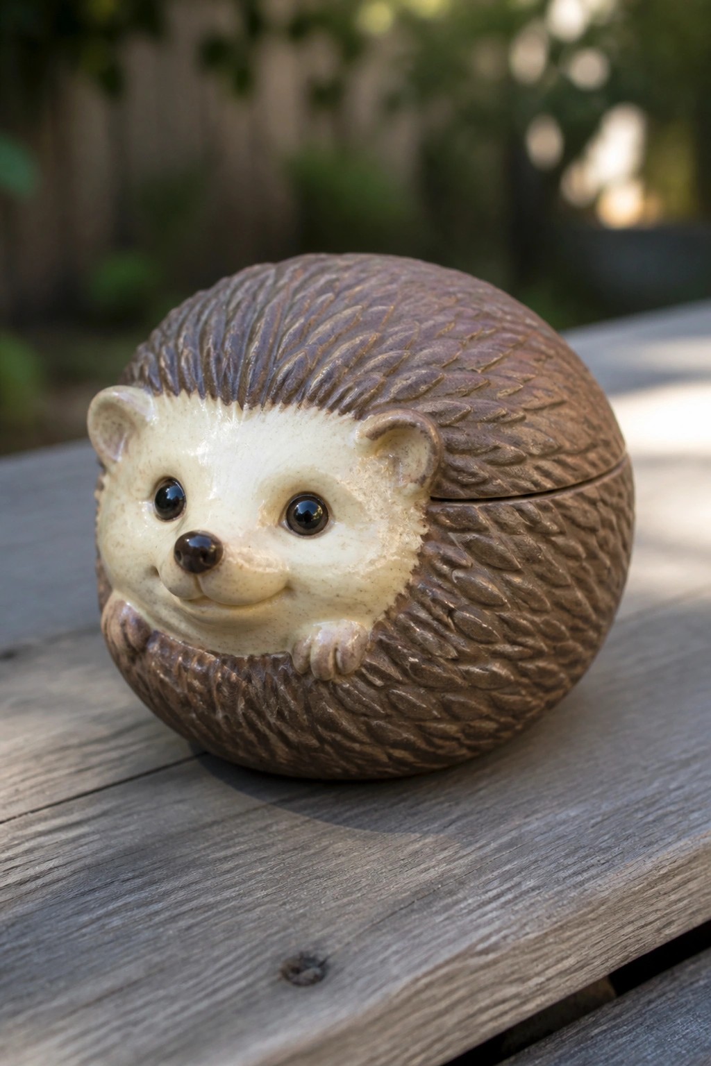 A ceramic hedgehog-shaped lidded box on a wooden surface.
