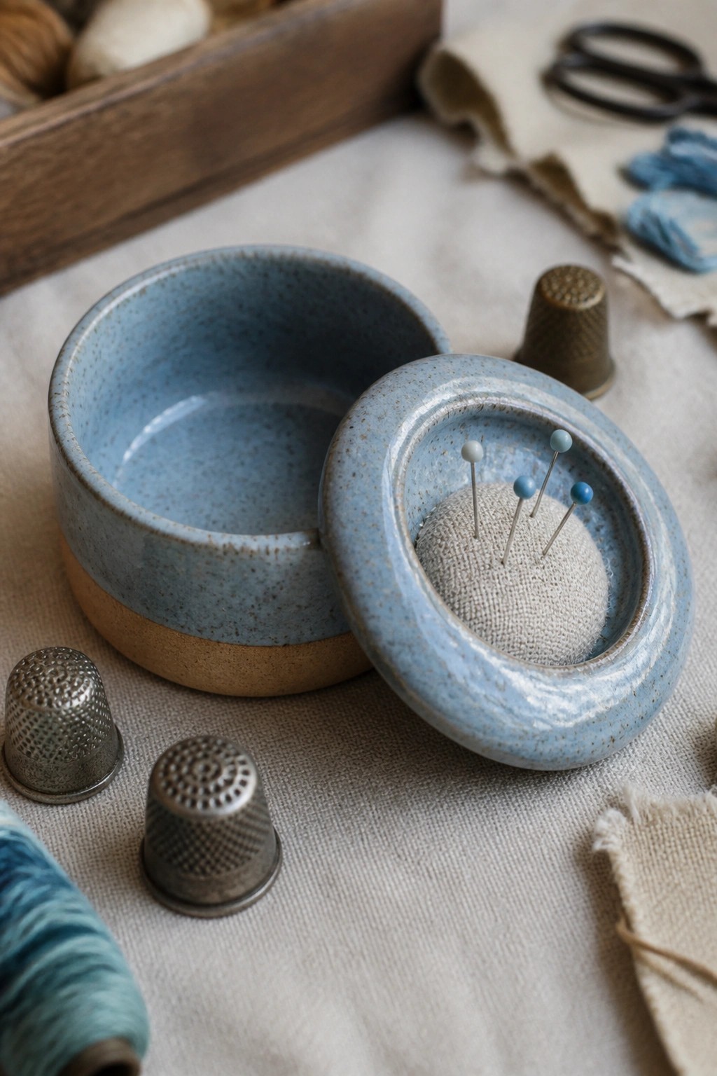 Blue ceramic sewing bowl with pincushion lid, pins, and metal thimbles on fabric.