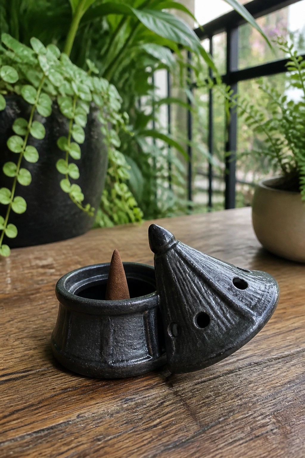 Open black ceramic incense burner with brown cone on wooden table amid plants