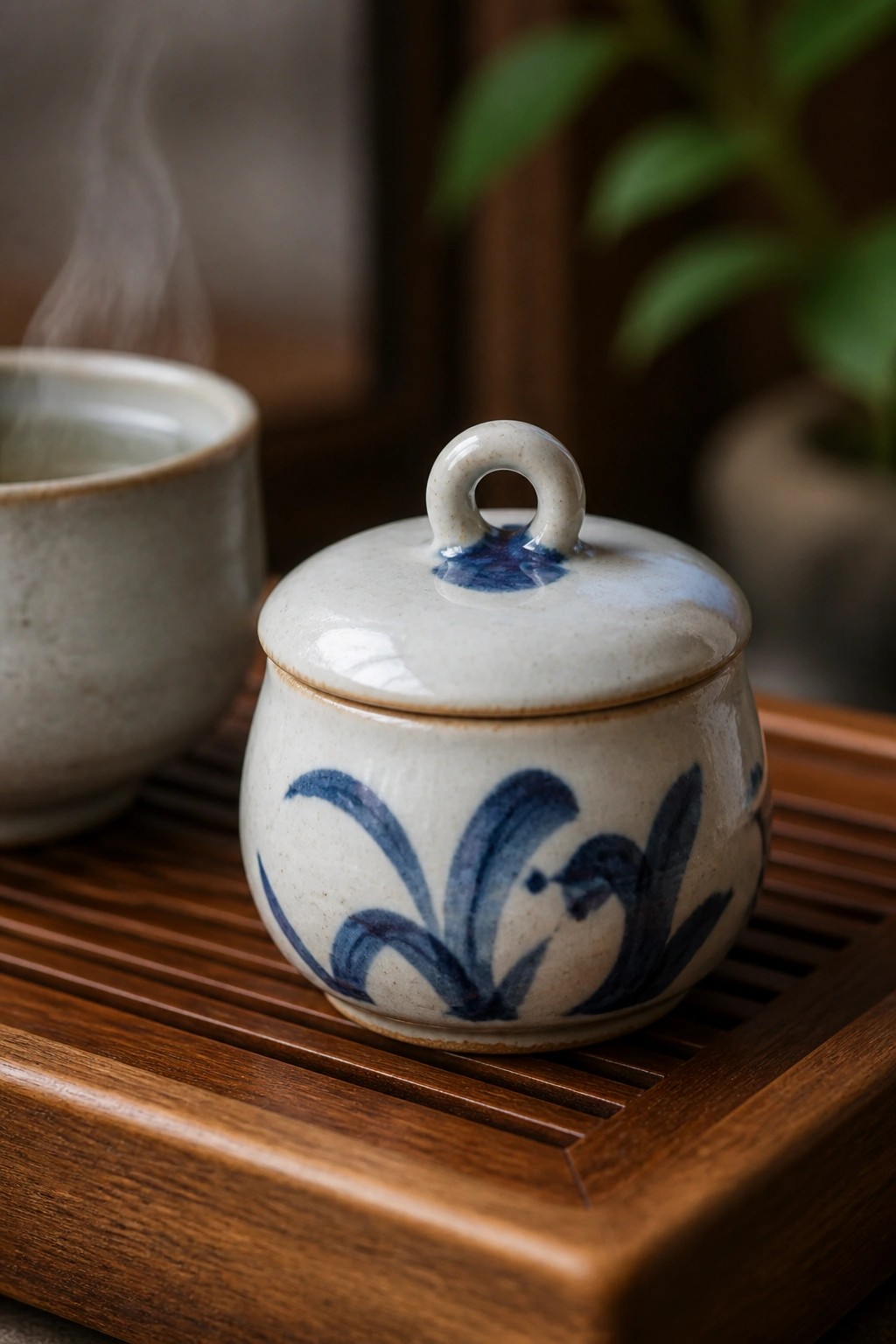Lidded ceramic jar with blue floral design on wooden tray beside steaming cup