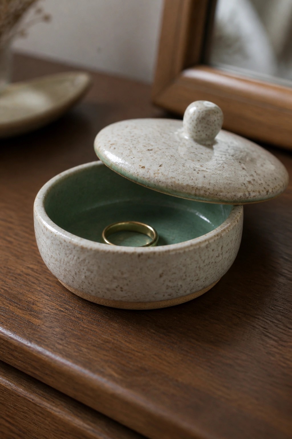 Speckled ceramic lidded bowl ajar with gold ring in green interior on wood