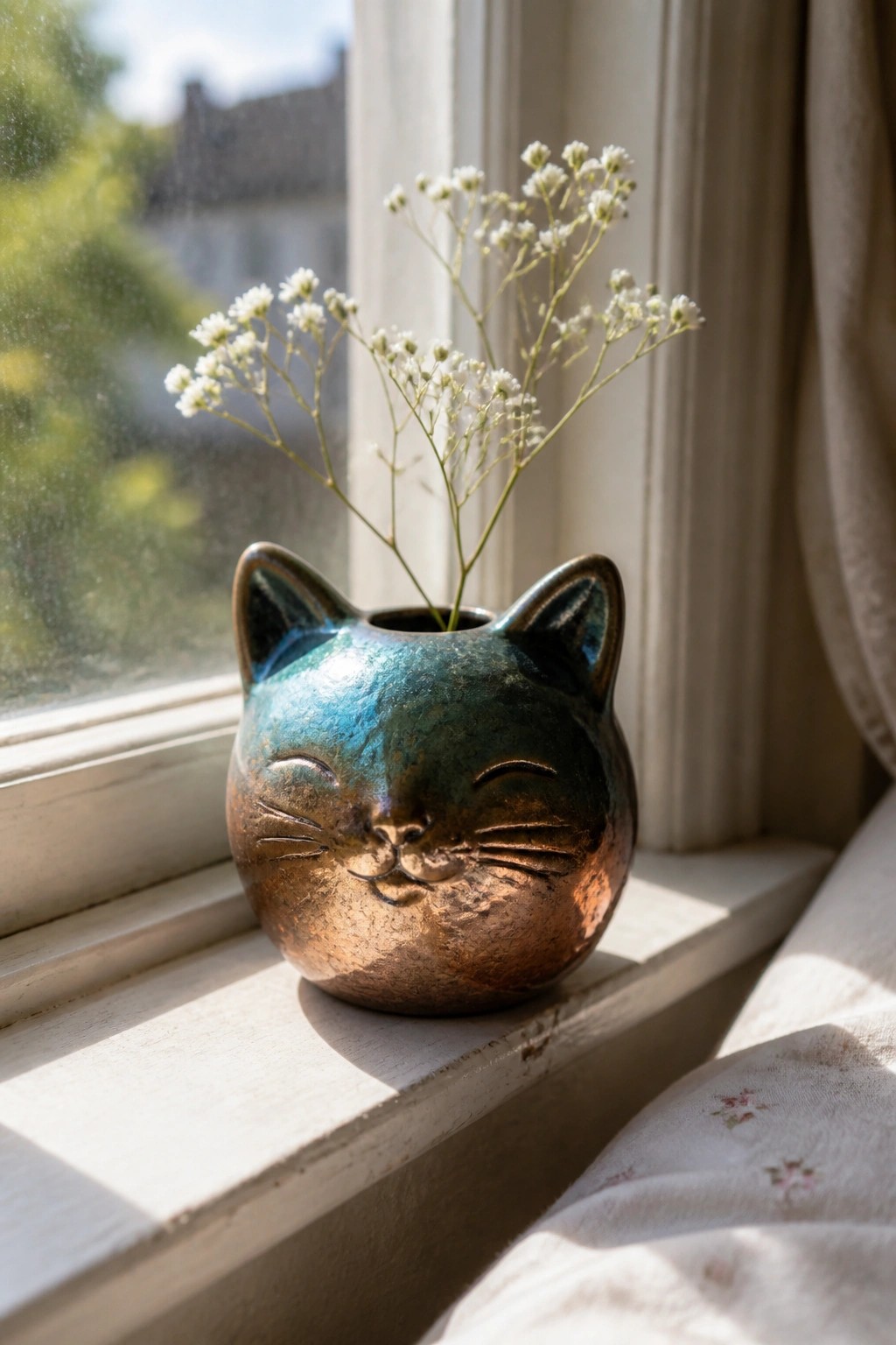Iridescent blue-green cat-shaped vase holding delicate white flowers on sunlit windowsill.