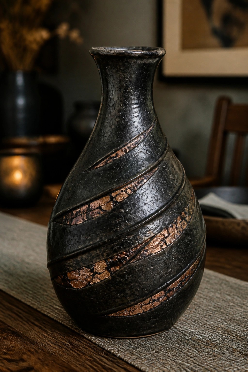 Dark crackled vase with copper swirls on wooden table and woven runner