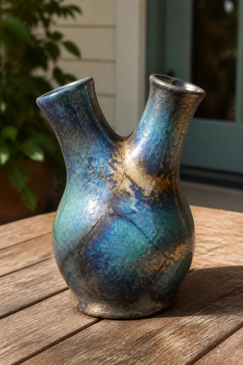 Blue and brown iridescent glazed ceramic vase with two spouts on wooden table