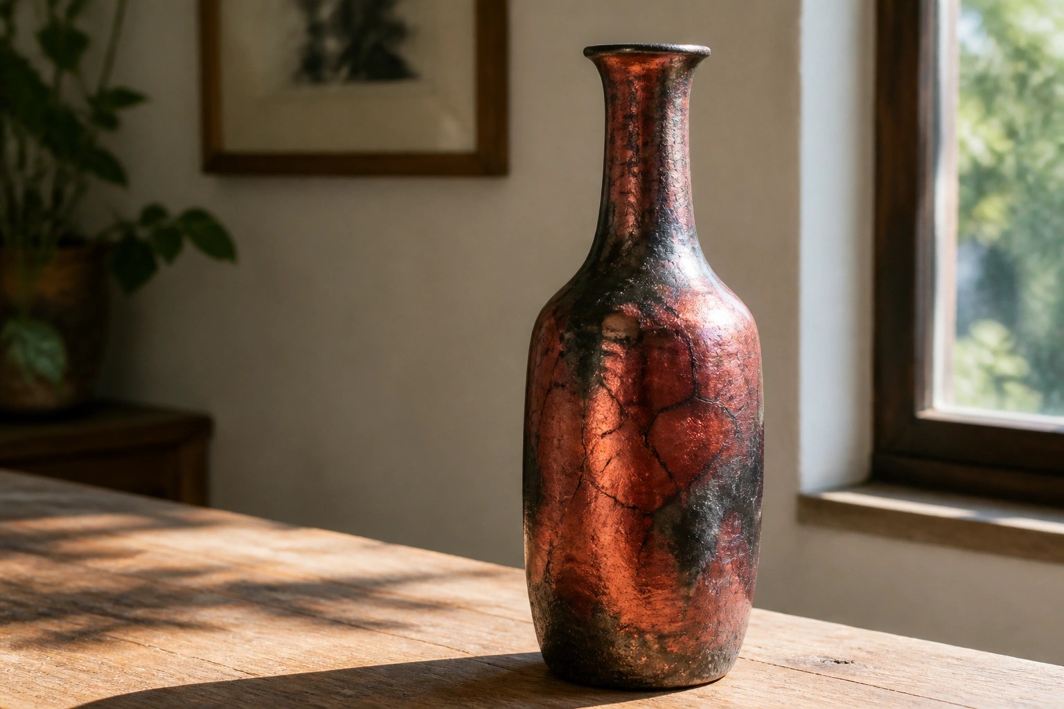 Tall red-black crackled raku vase on sunlit wooden table with plant nearby