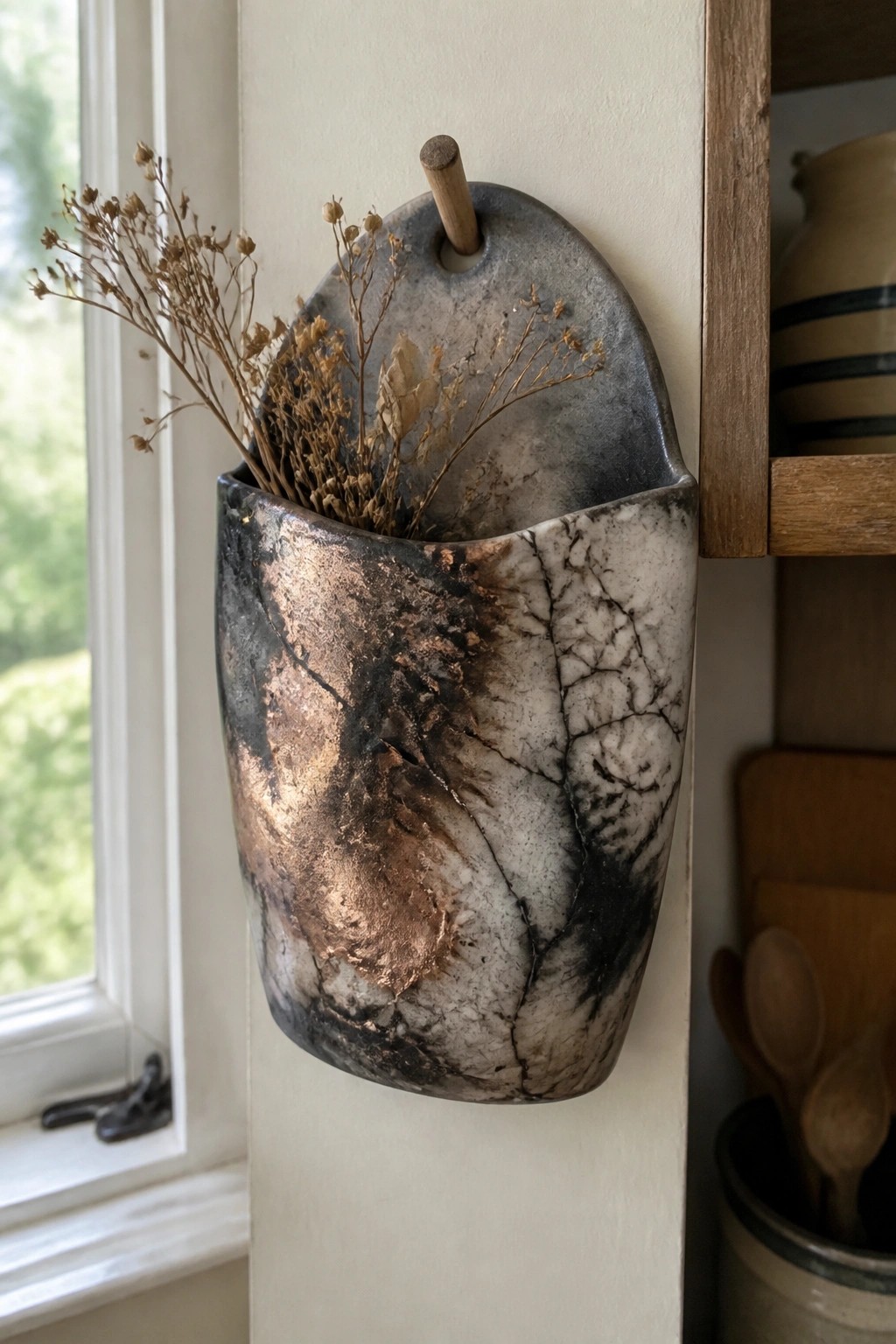 Hanging marbled ceramic wall vase with copper tones holding dried flowers