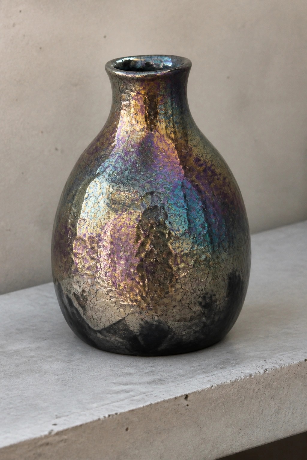 Iridescent vase with cracked metallic glaze in purple, blue, and gold tones on gray ledge