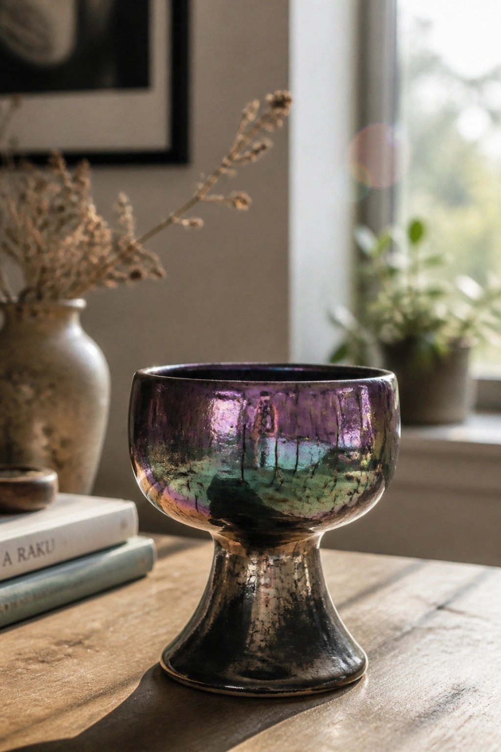 Iridescent purple-green raku goblet on wooden table with books and vase