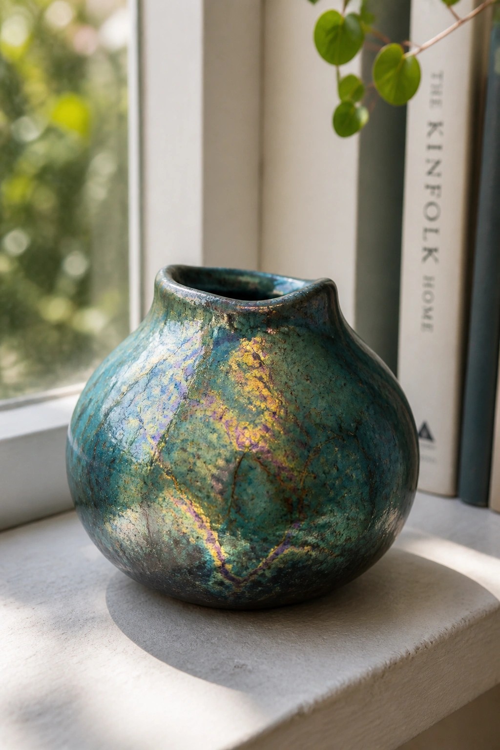 Iridescent teal ceramic vase with gold and purple glaze on sunny windowsill beside books