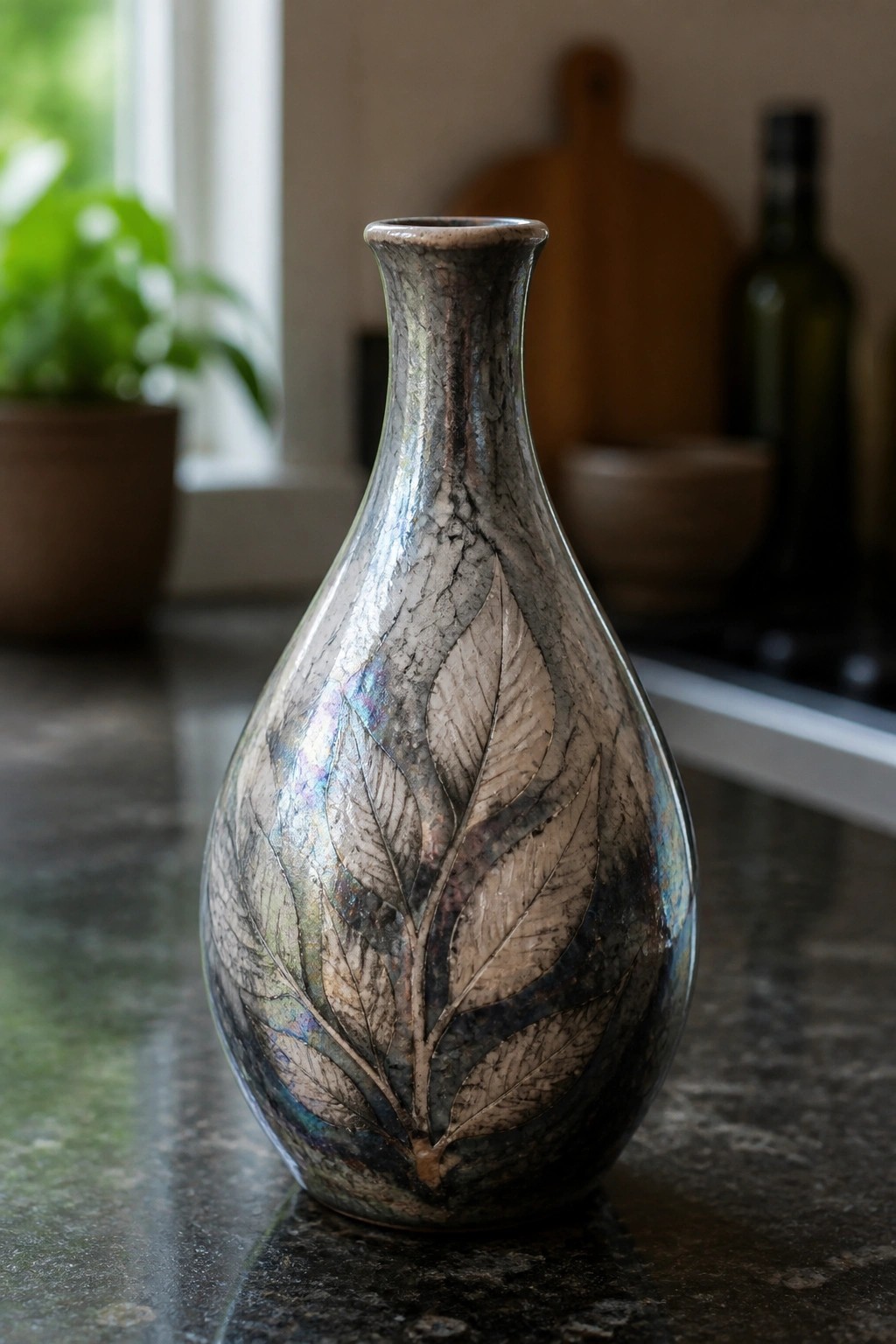 Iridescent ceramic vase with embossed leaves on dark marble countertop