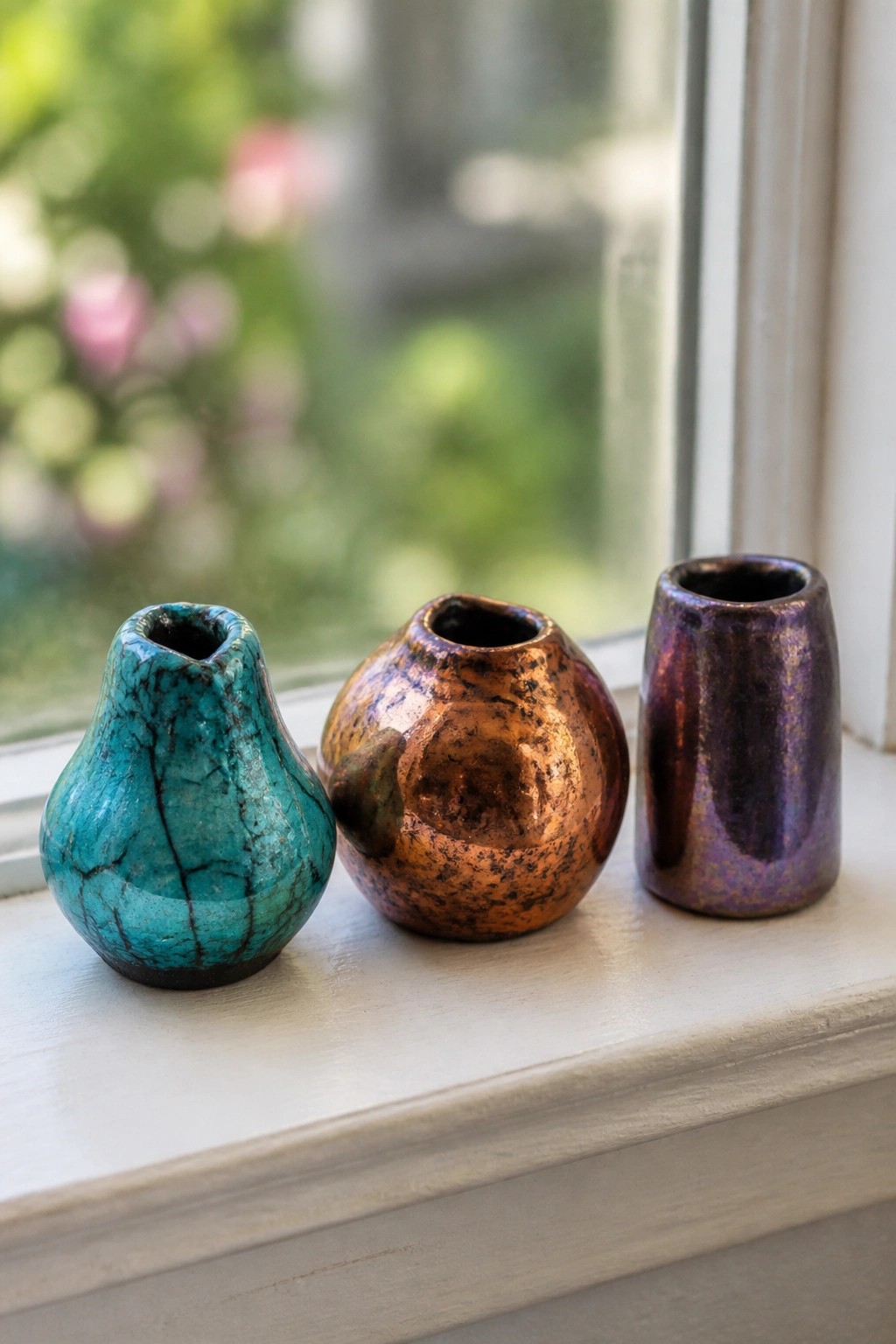 Three vibrant ceramic vases with crackled and metallic glazes on a windowsill.