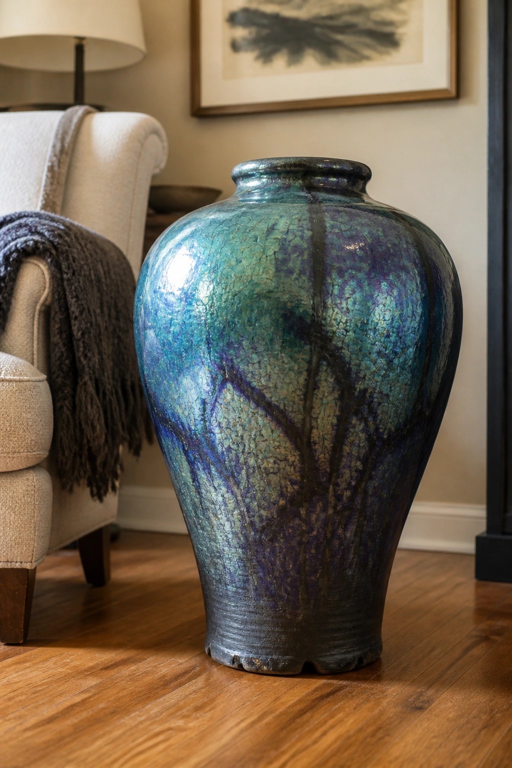 Large blue-green iridescent vase with crackled glaze on hardwood near armchair