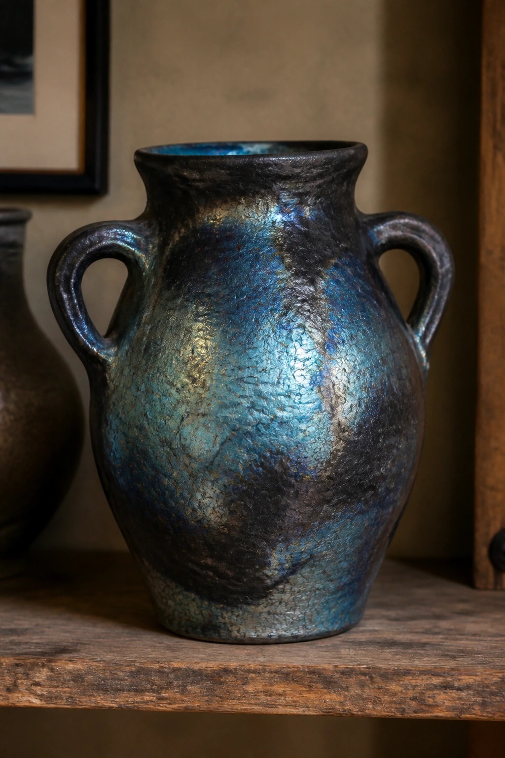 Blue crackled ceramic vase with handles on rustic wooden shelf