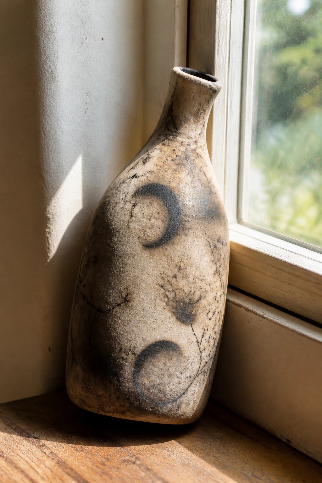 Rustic ceramic bottle with black crescent motifs on a sunlit wooden windowsill