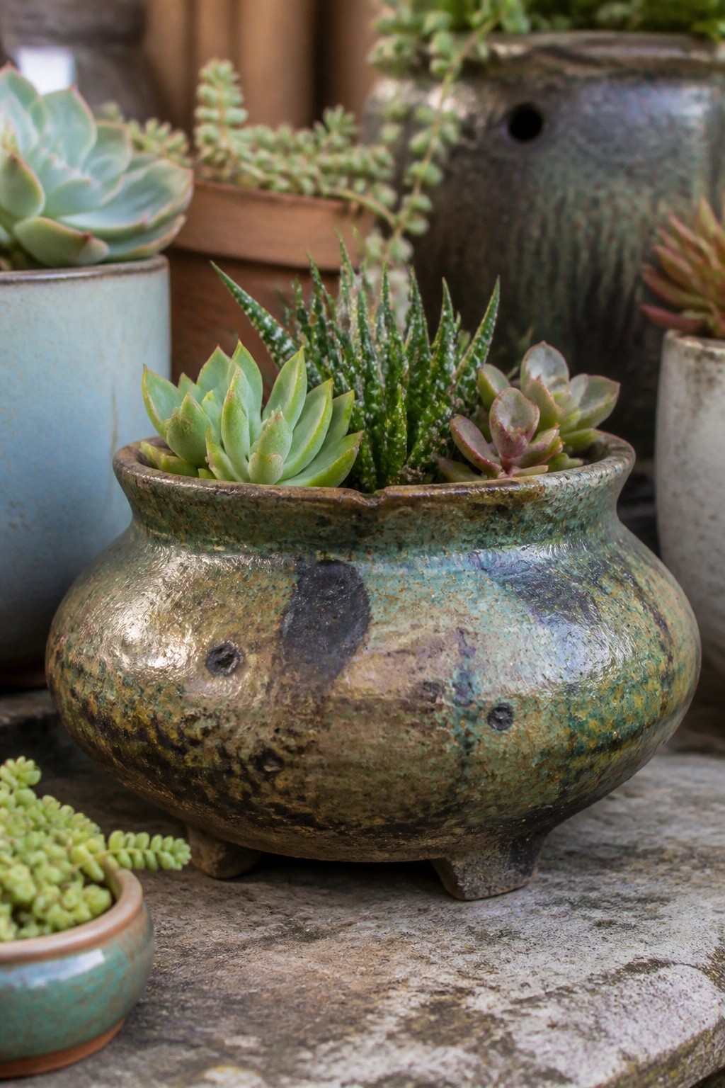 Assorted succulents in a rustic, mottled green ceramic pot on stone.