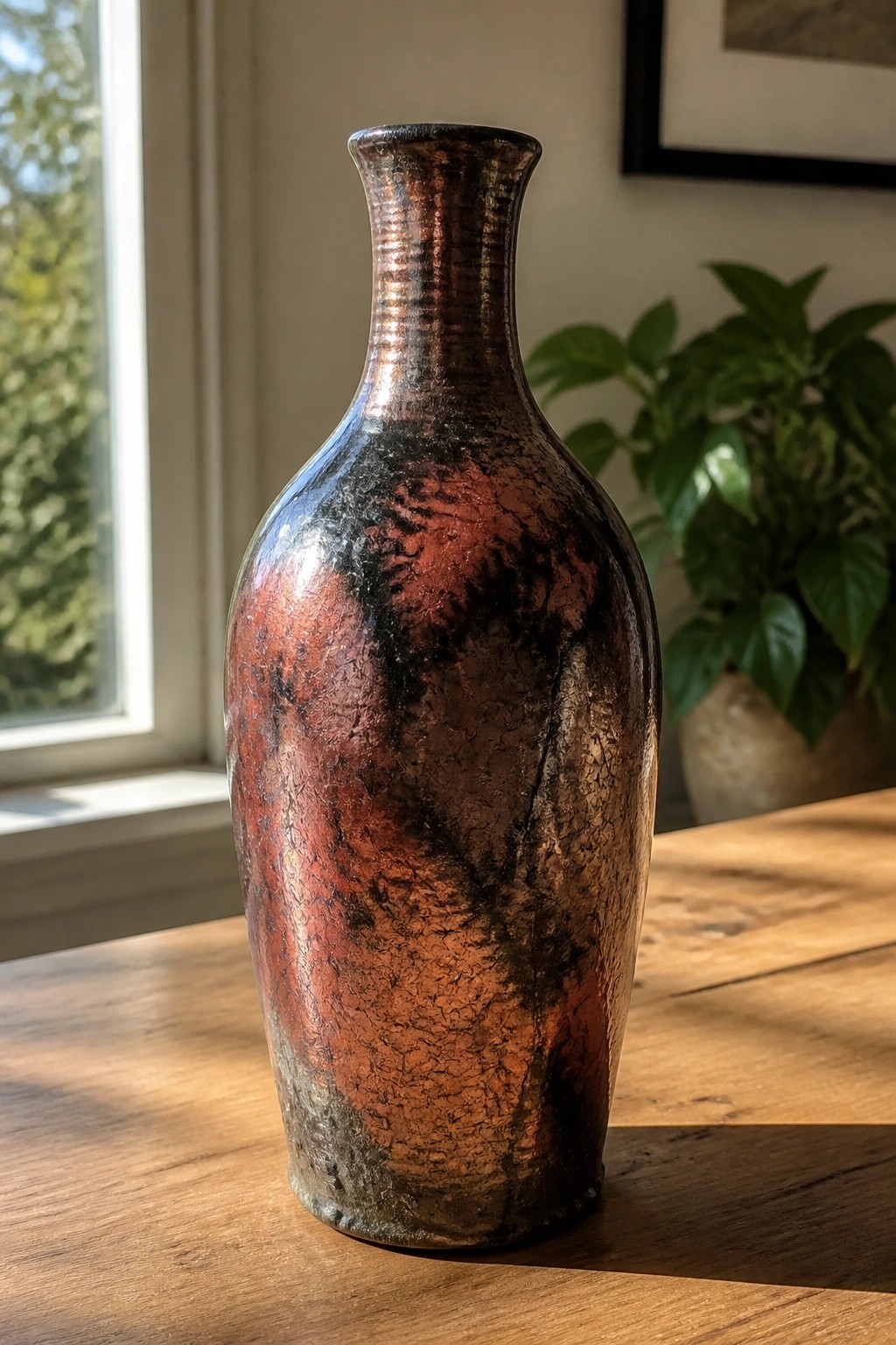 Tall red-black crackled raku vase on sunlit wooden table with plant nearby