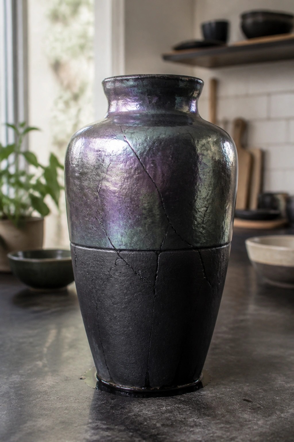 Cracked iridescent vase with purple-green metallic top and matte black base