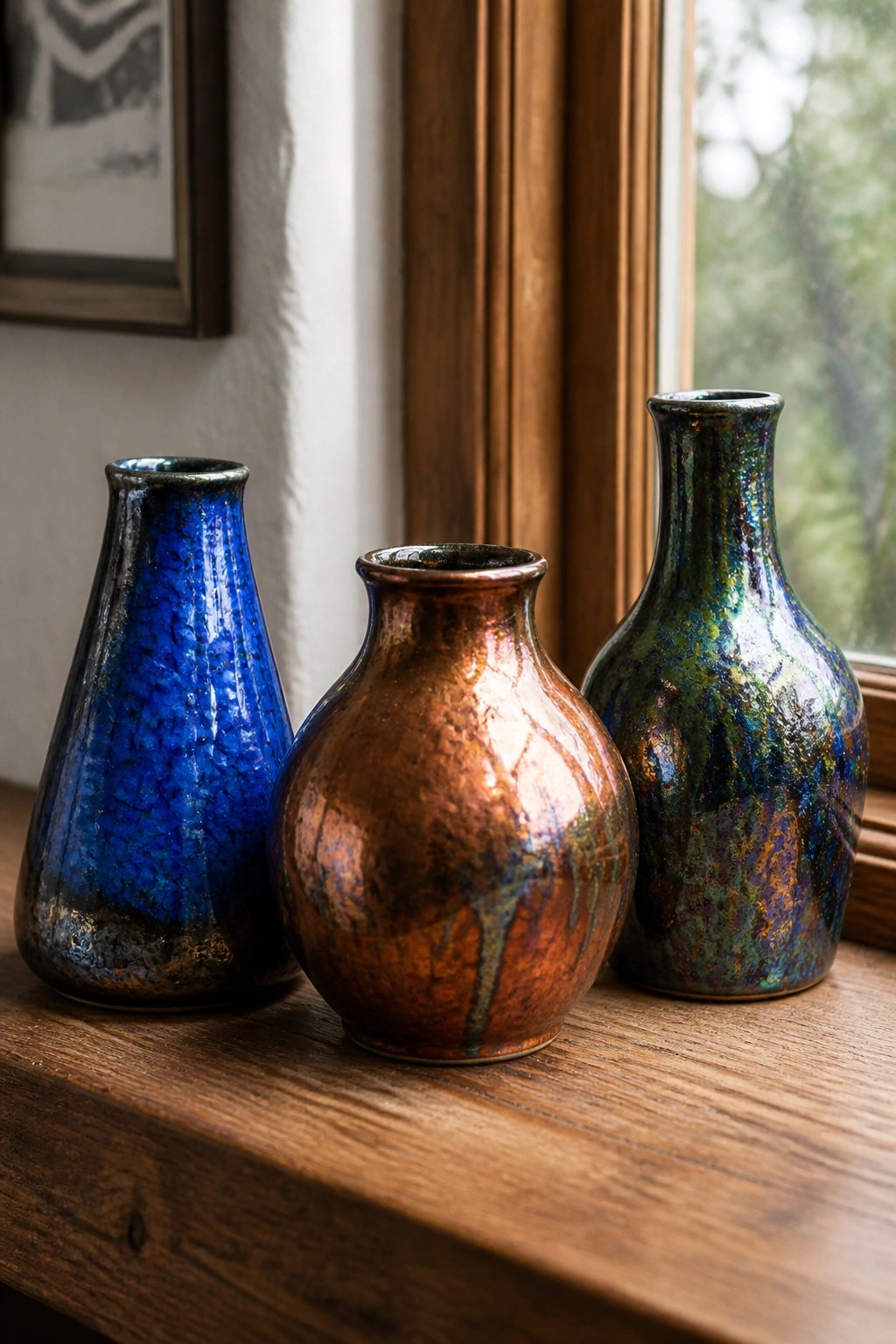 Three iridescent ceramic vases in blue, copper, and green on wooden windowsill