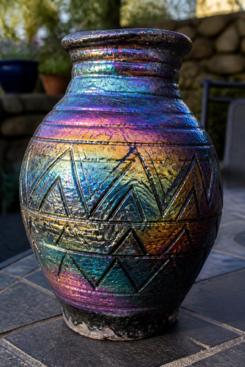 Colorful iridescent vase with geometric patterns on outdoor tiled surface