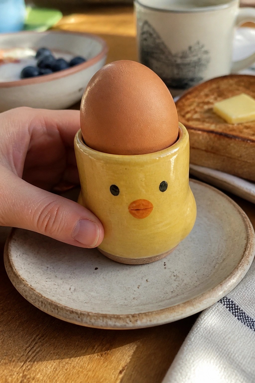 Hand holding yellow chick egg cup with brown egg on plate beside toast