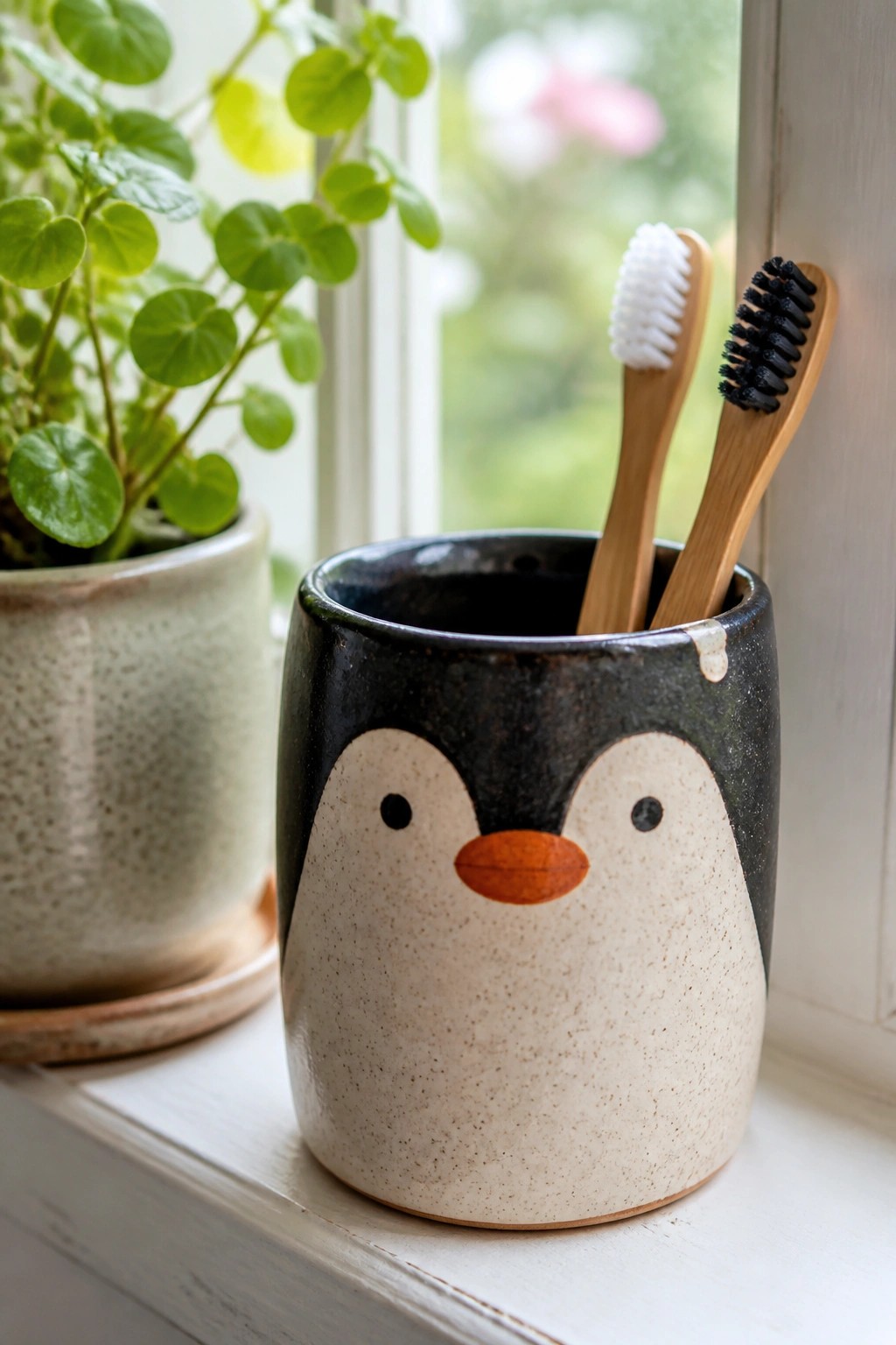Penguin ceramic cup holding two bamboo toothbrushes on windowsill beside green plant