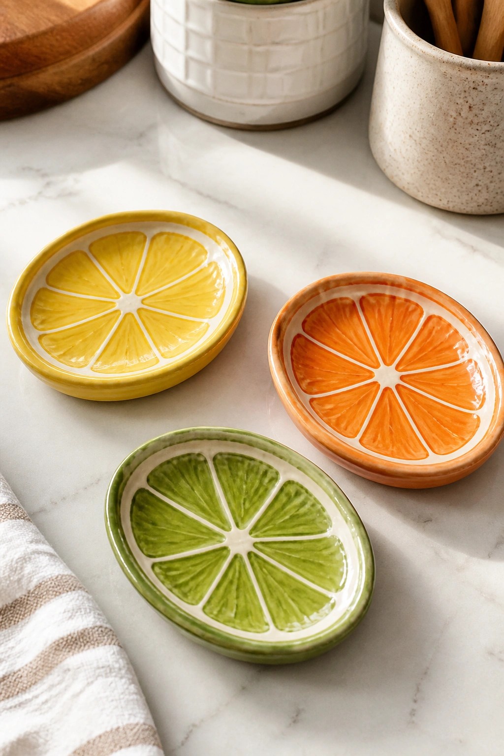 Three ceramic citrus slice dishes in yellow, orange, and green on marble.