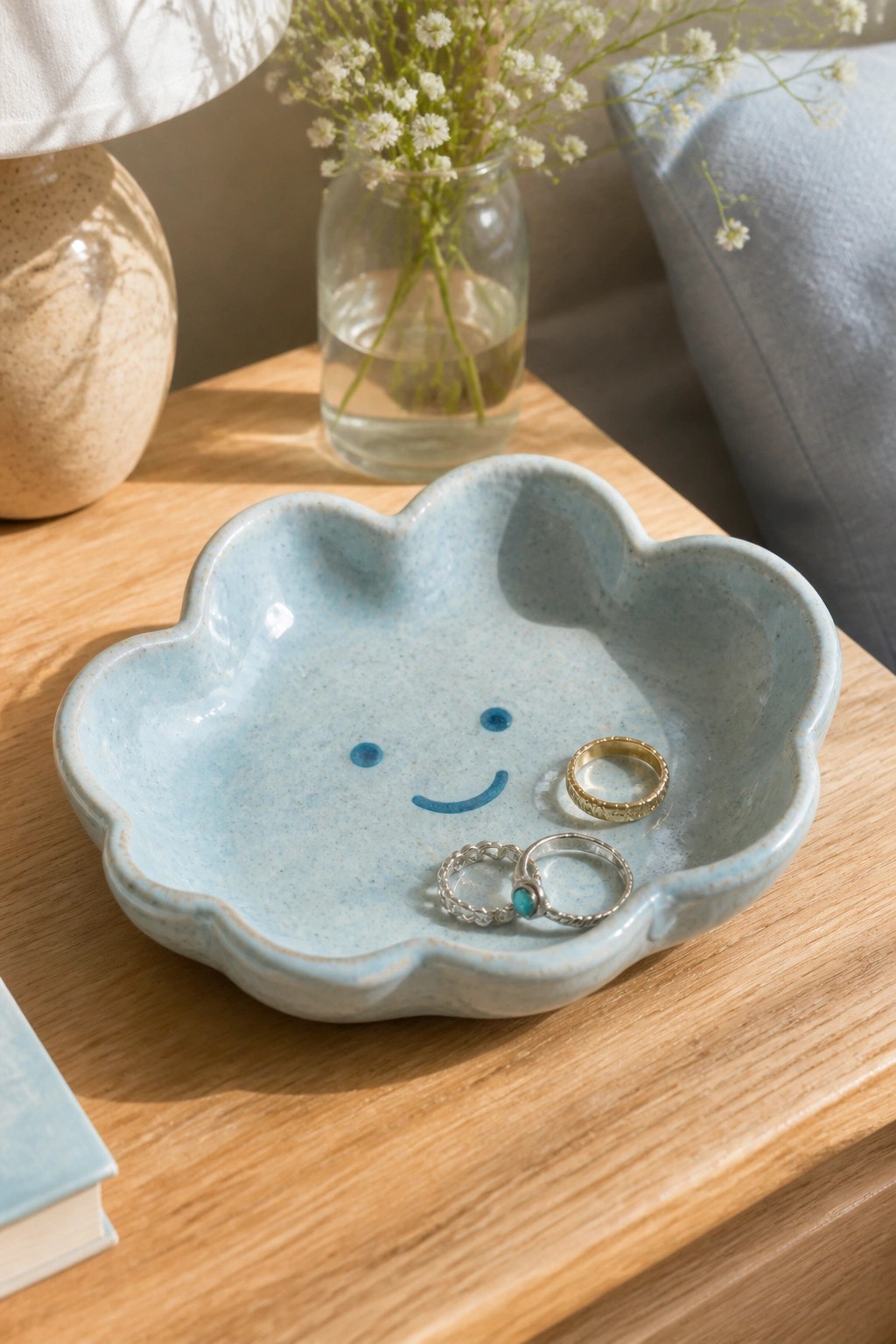 Blue cloud-shaped ceramic bowl with smiley face holding three rings on wood