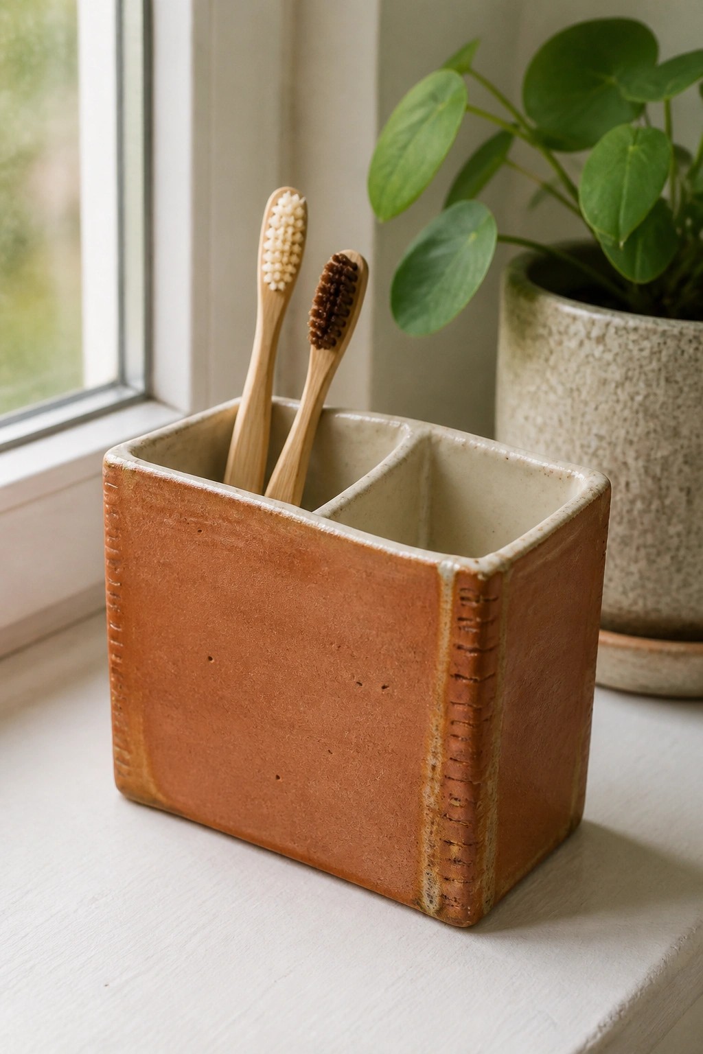 Two bamboo toothbrushes in a brown ceramic holder on a windowsill with plant