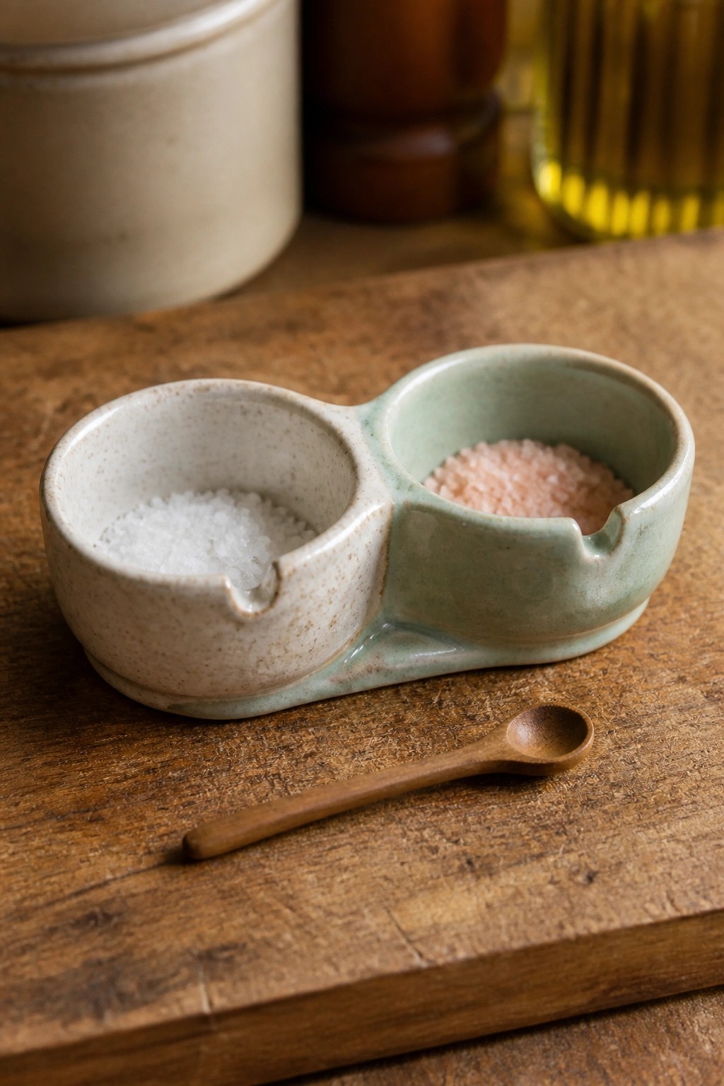 Ceramic double salt dish with white and pink salts beside a wooden spoon on wood.