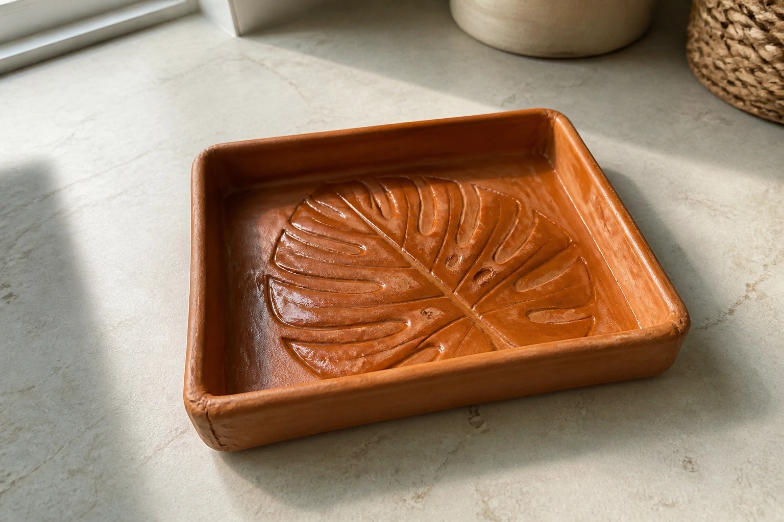 Rectangular terracotta tray with embossed leaf design on white marble surface
