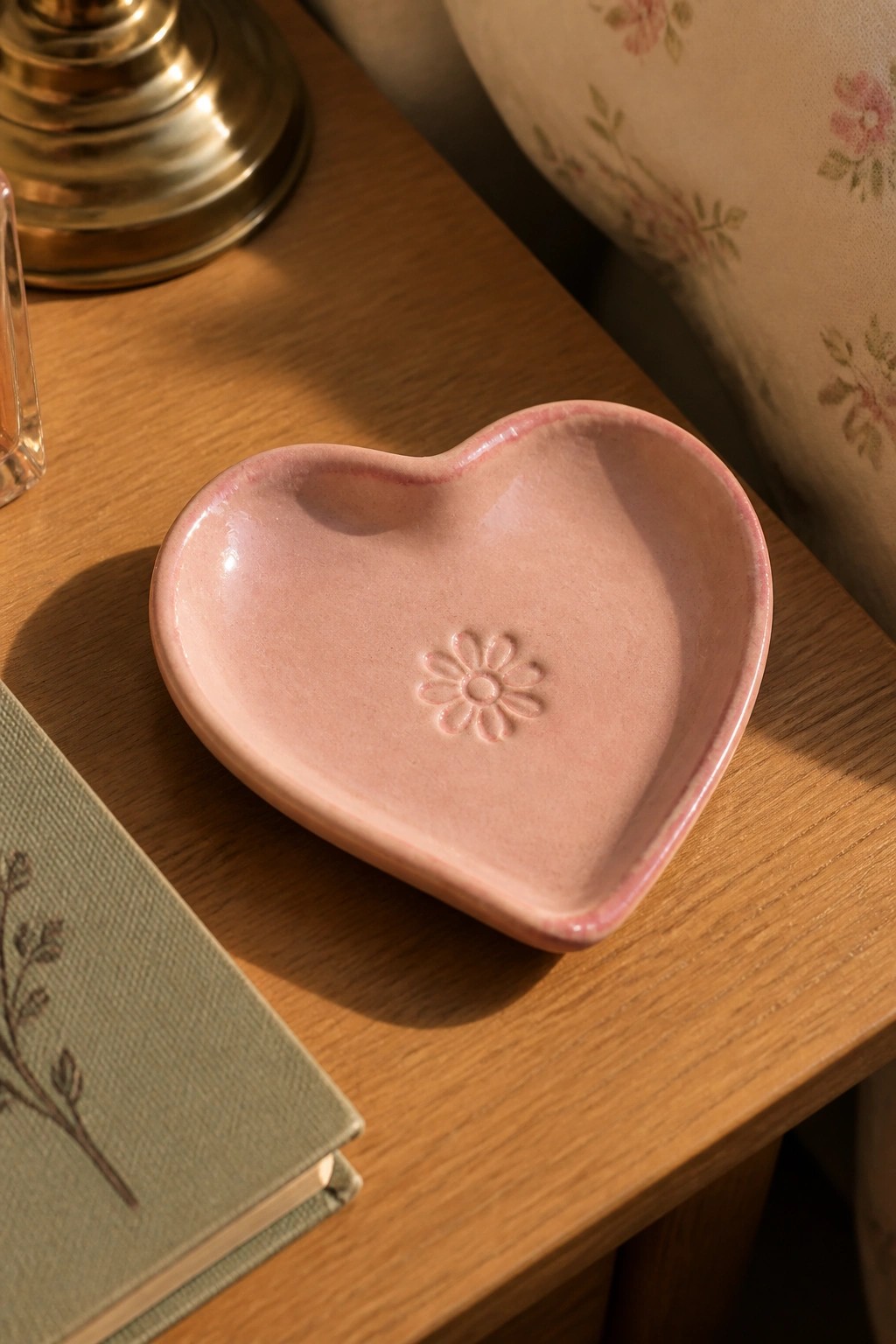 Pink heart-shaped ceramic dish with daisy on wooden table beside green book