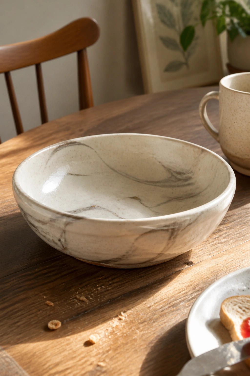 Marble-patterned ceramic bowl on wooden table with mug, plate, and crumbs