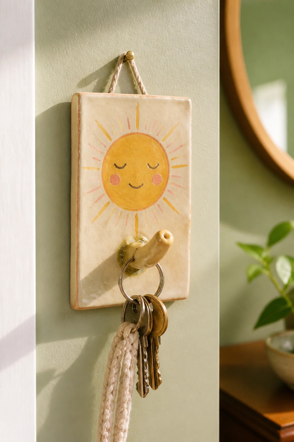 Ceramic sun plaque with hook holding keys on light green wall