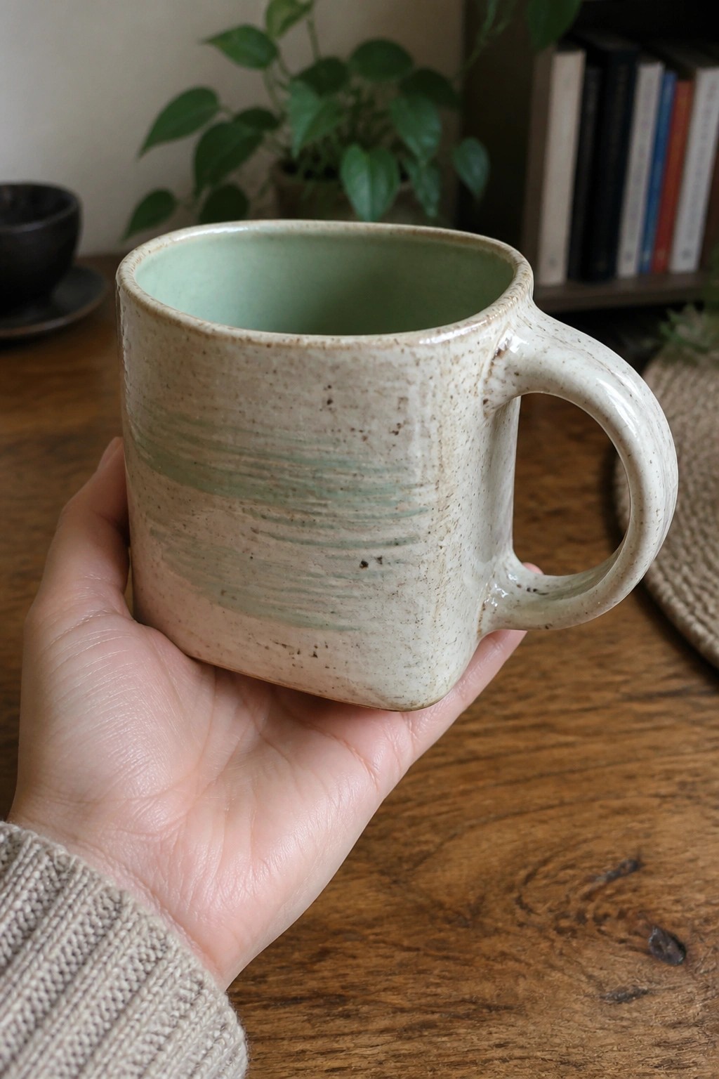 Hand in beige knit sweater holding speckled ceramic mug with green interior.