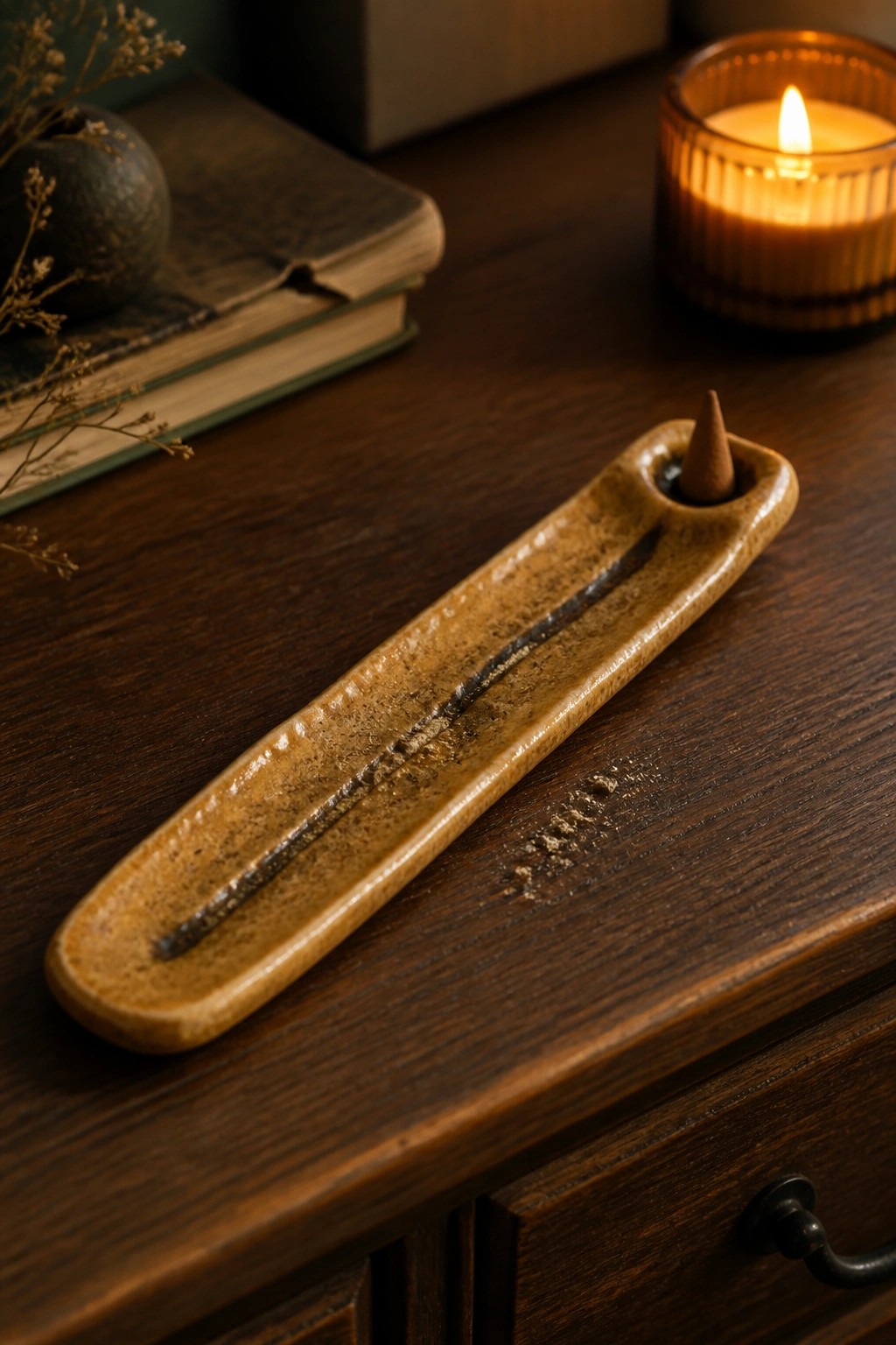 Ceramic incense holder with burning cone and ash on dark wooden table near candle